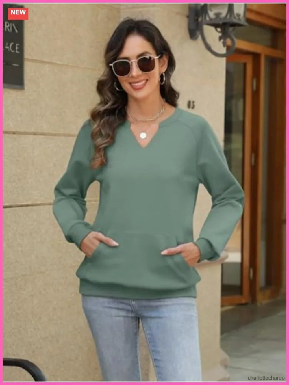 Cozy Fleece V-Neck Sweatshirt with Kangaroo Pocket Long Sleeve Pullover
